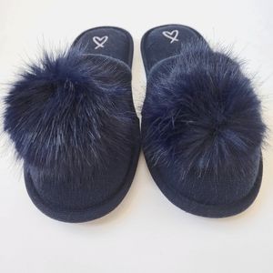 Victoria's Secret Slippers Scuffs SM 5/6 Navy Blue Puff Pom Pom Boudoir Bath